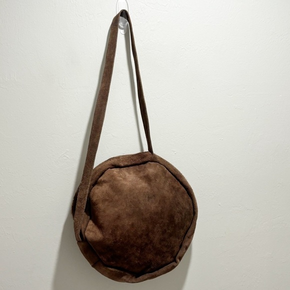 Vintage Round Brown Tan Ivory Suede Fur Flower Boho Hippie Festival Purse 15” - Picture 4 of 8